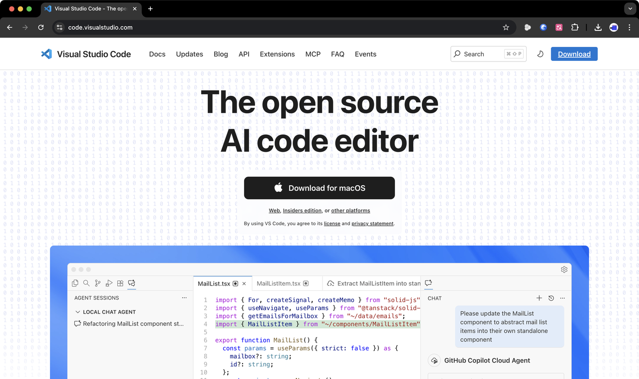 VSCode 官网首页,点中间那个大 Download 按钮开始下载。